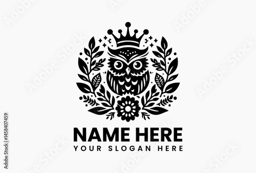 Elegant black and white illustration of an owl with a crown, surrounded by decorative leaves in a symmetrical design. Bird concept