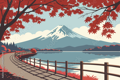 46 Mount Fuji, calm lake reflection, vibrant red autumn foliage, curved lakeside walkway, wooden railing, clear blue sky, Japanese landscape, serene atmosphere, panoramic view, photorealistic, high de