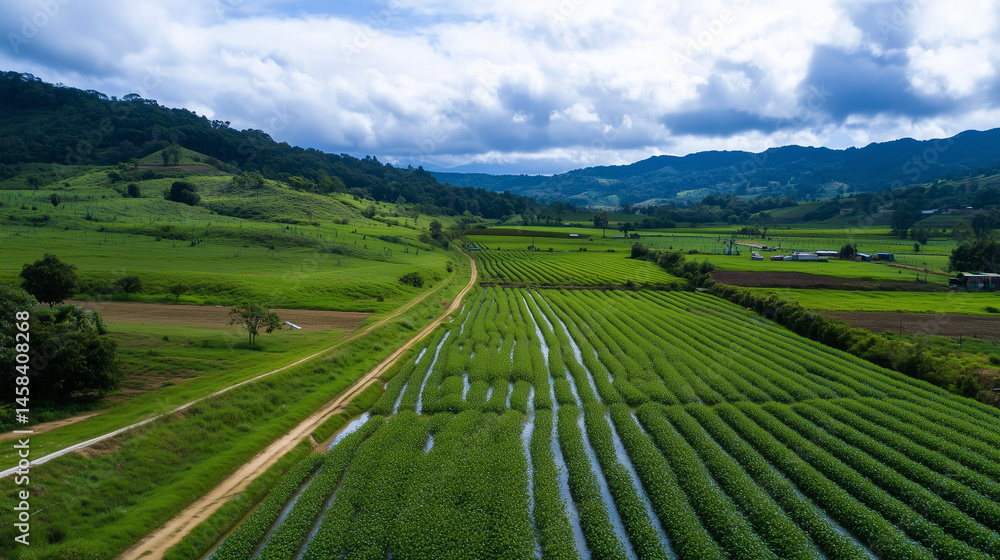 Fototapeta premium Wide view of automated irrigation lines stretching across a green vegetable farm, water evenly distributed, emphasizing precision agriculture and resource conservation