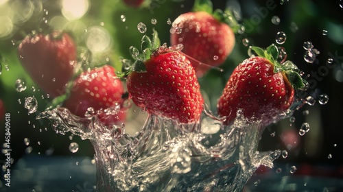 Fresh strawberries splash into water macro close up juicy fruit motion freeze food photography