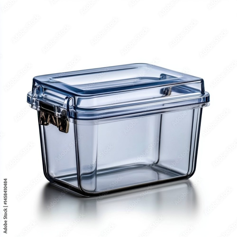 A clear storage box with a secure latch, presented in 4-giixel-standard resolution, stands isolated on a white background for detailed v2-3000h product showcasing. A clear storage box with a secure latch, presented in 4-giixel-standard resolution, stands isolated on a white background for detailed v2-3000h product showcasing.