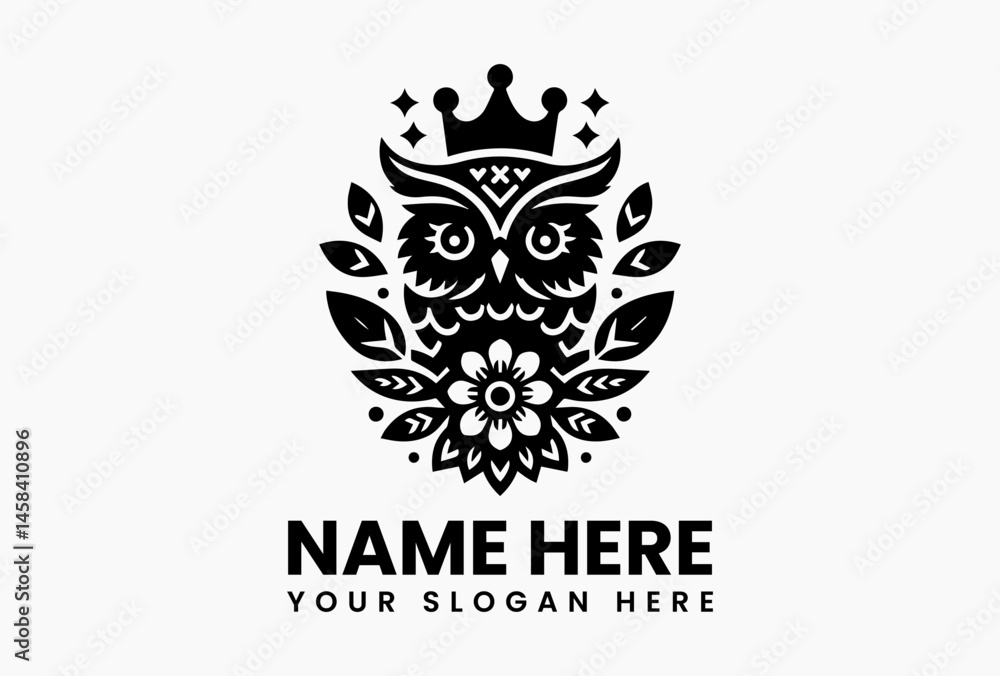 Fototapeta premium Vintage owl illustration with royal crown and ornamental leaves in elegant symmetrical composition, reflecting wisdom, tradition, and noble forest symbolism 