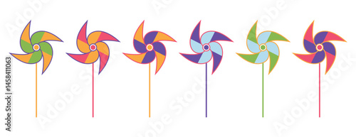Set of colorful pinwheels - vector illustration in flat style. Bright multicolored rotating propeller on a stick. Toy for children, holiday attribute.