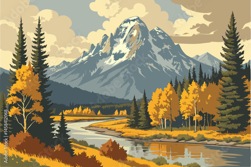 48 Majestic snow-capped mountain peak, autumn forest landscape, golden foliage, evergreen pine trees, calm river reflection, dramatic clouds, pristine wilderness, Alaskan scenery, rugged terrain, vibr