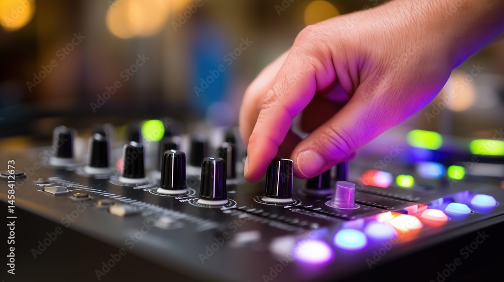 Hand adjusting audio mixer knob. sound engineering and live music performance Hand adjusting audio mixer knob. sound engineering and live music performance