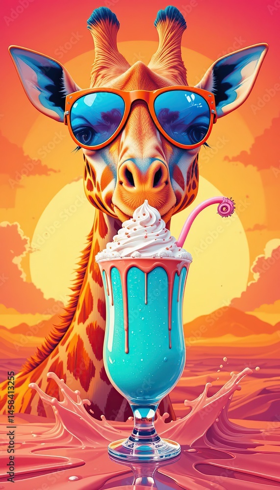 Fototapeta premium Giraffe wearing sunglasses with blue lenses. In front of the giraffe is a large glass with a milkshake. Advertising of dairy products, for banner, calendar, magazine cover