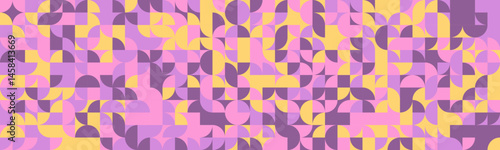 Abstract geometric pattern.  Pastel pink, purple, and yellow semicircles and squares create a vibrant, modern design. Perfect for backgrounds, website banners, or textile prints.
