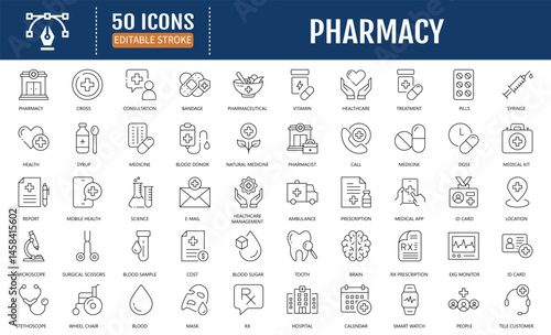 Pharmacy line editable icon set. Containing Medicine, bandage, medication, prescription, treatment, health, syringe and more. Vector Illustration