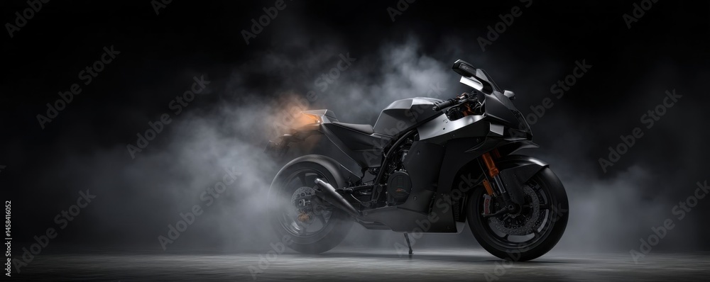 Sleek Black Motorcycle in Smoky Atmosphere Sleek Black Motorcycle in Smoky Atmosphere