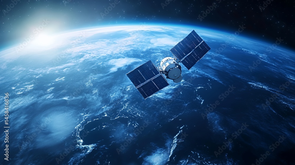 Satellite orbiting Earth, showcasing advanced technology in space exploration. Satellite orbiting Earth, showcasing advanced technology in space exploration.