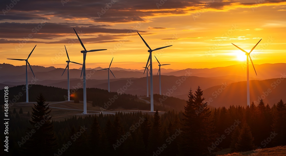 Fototapeta premium Golden hour sunset illuminates wind turbines creating a breathtaking scene of sustainable energy harmony with nature