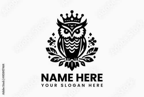 Ornate owl with intricate crown and symmetrical acanthus leaves, heraldic vector emblem for luxury brands