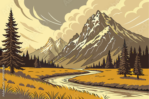 49 Majestic snow-capped mountains, Winding river through golden grassland, Dramatic cloudy sky, Rugged wilderness landscape, Autumn colors, Expansive mountain vista, Pristine nature scene, Rocky mount