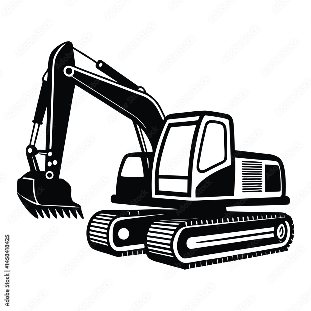 Construction excavator silhouette vector illustration isolated on a white background, backhoe excavator Construction excavator silhouette vector illustration isolated on a white background, backhoe excavator