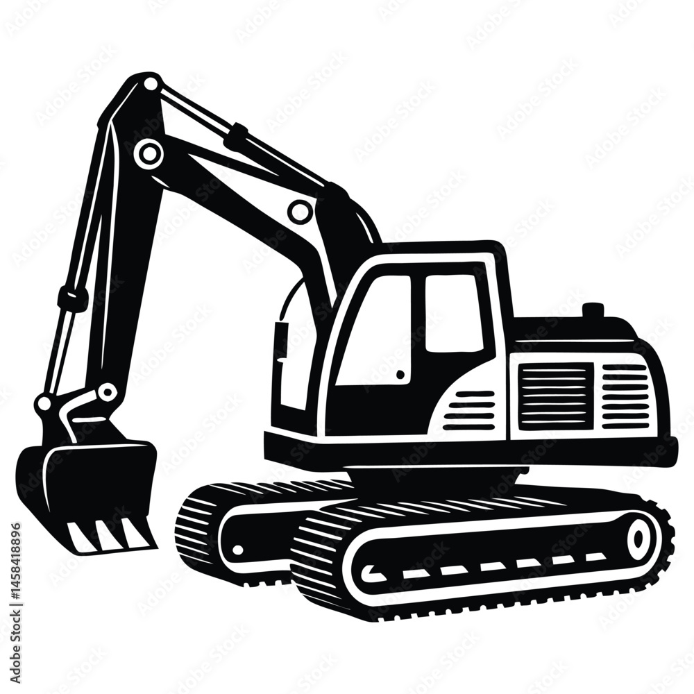 Construction excavator silhouette vector illustration isolated on a white background, backhoe excavator Construction excavator silhouette vector illustration isolated on a white background, backhoe excavator