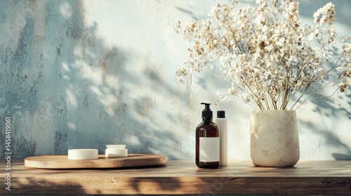 Minimalist skincare scene with ceramic bottles and dry bouquet under sunlight and soft shadows background