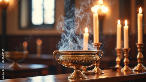 Golden thurible with rising incense smoke for Christian liturgy. Censer for religious ceremony. Atmospheric church interior with candles