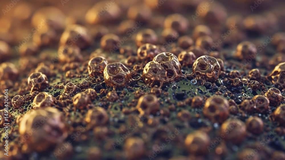 Close-up view of metallic bubbles on a textured surface, showcasing intricate details and reflections Close-up view of metallic bubbles on a textured surface, showcasing intricate details and reflections