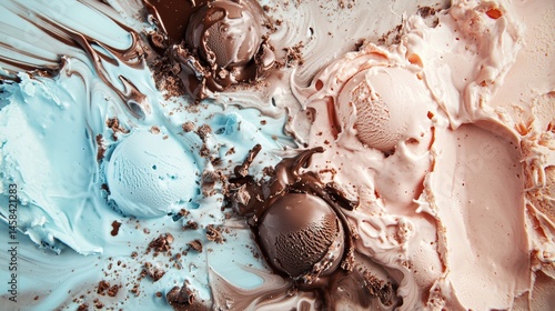 Melted ice cream mix in chocolate and vanilla flavors on surface with messy dripping swirl texture