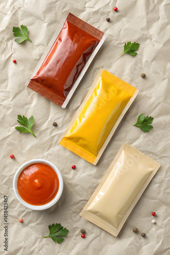 Mockup of individual condiment sachets with creamy, spicy, and tangy sauces on kraft paper background