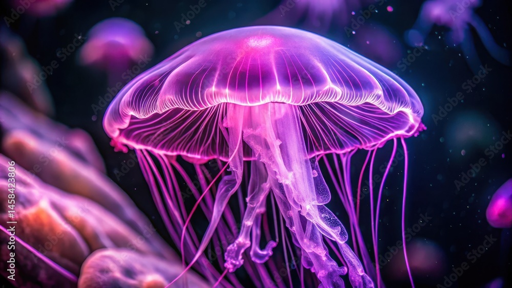 Naklejka premium Jellyfish under purple neon light in aquarium, neon, bioluminescence, neon, bioluminescence, marine life, purple