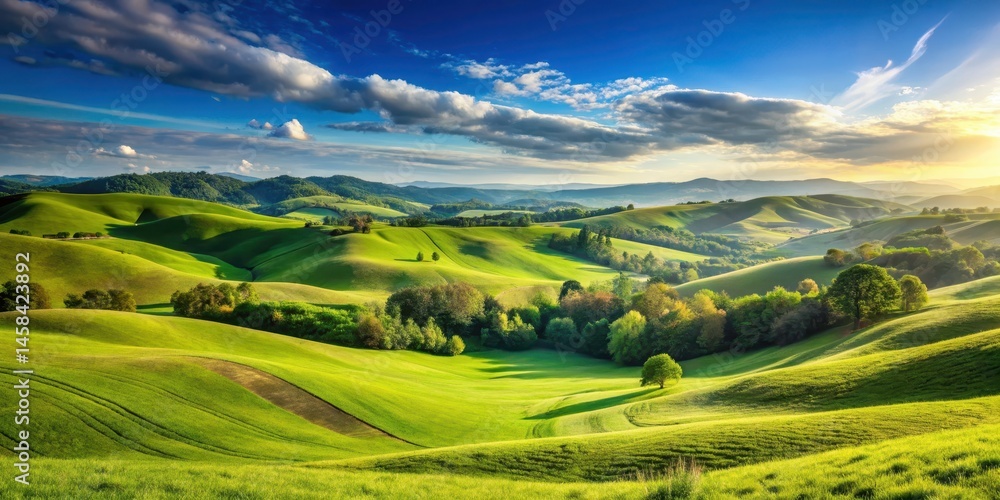 Fototapeta premium A serene landscape with rolling hills and lush greenery stretching as far as the eye can see under a clear blue sky