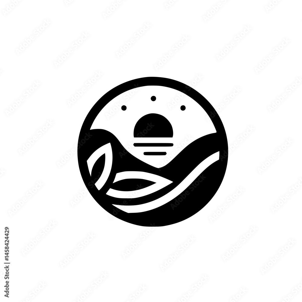Obraz premium Minimalist Landscape Logo: Sunset, Hills, Leaves. Black and White Circle