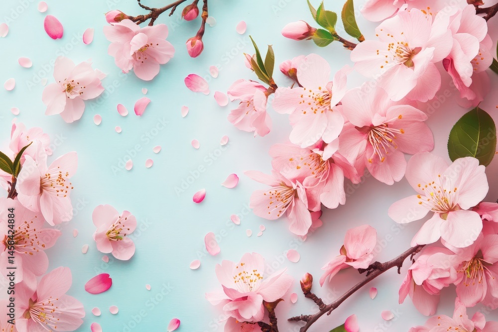 Fototapeta premium Pink cherry blossoms scattered on a light blue background.