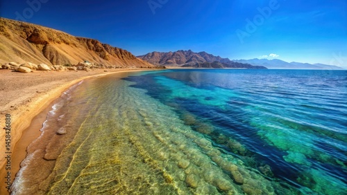 Deep blue waters of Red Sea meet sandy beach near Blue Hole diving site in Dahab, Egypt, wave, sand,  wave, sand