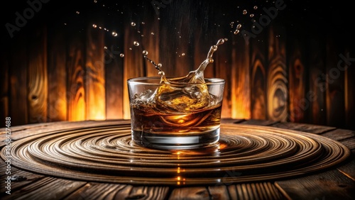 Water droplets swirling in a circular motion around a glass of whiskey on a wooden table, glass, wood