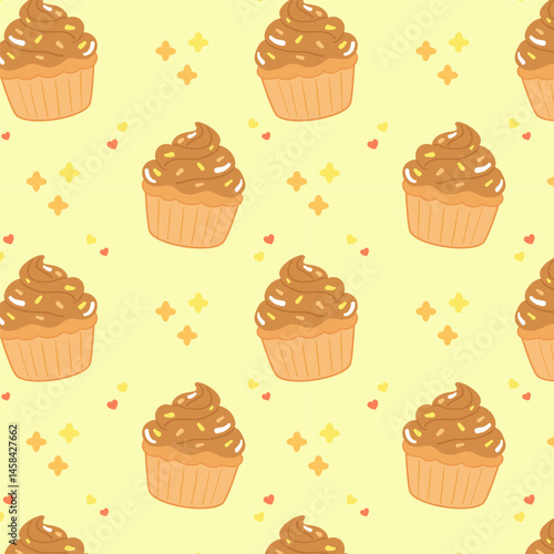 Flat style seamless pattern with chocolate cupcakes and frosting. Cartoon dessert repeat on light yellow background for children’s designs, celebration packaging, bakery and party decorations.