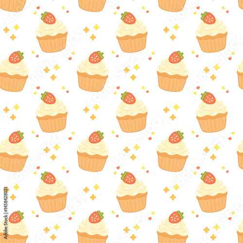 Seamless pattern with cute strawberry cupcakes and cream topping in flat cartoon style. Fun dessert repeat on clean white background. 