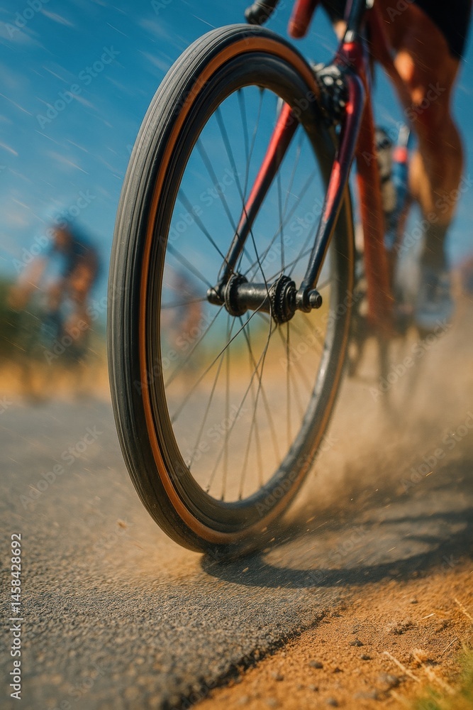 Dust flies as front wheel of racing bicycle spins quickly during competition on dusty road. Dynamic photo with motion blur effect.