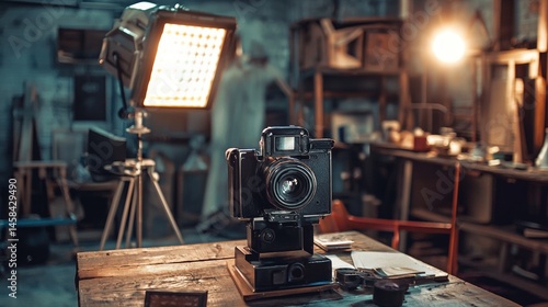 Professional vintage camera with lighting equipment setup old studio photography retro gear dark moody workspace