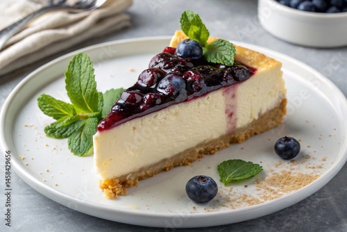A slice of New York cheesecake on a white plate with strawberry topping and a sprig of mint. High quality photo