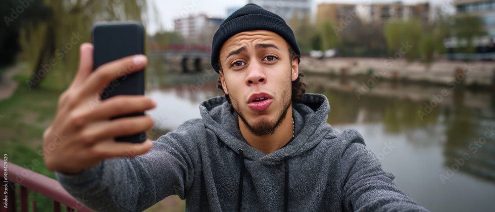 Young man takes a selfie by the water with a casual outfit and a smartphone in an urban setting Young man takes a selfie by the water with a casual outfit and a smartphone in an urban setting