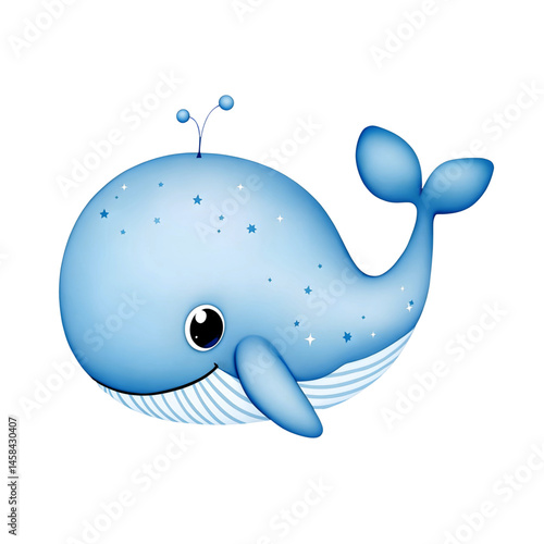 Cute cartoon baby dolphin and whale aquatic mammal illustration in the blue sea ocean