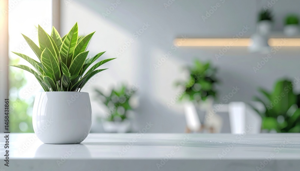 Serene Sanctuary: A vibrant green plant in a minimalist white pot adorns a bright, uncluttered space, fostering a sense of tranquility and natural beauty. Serene Sanctuary: A vibrant green plant in a minimalist white pot adorns a bright, uncluttered space, fostering a sense of tranquility and natural beauty.