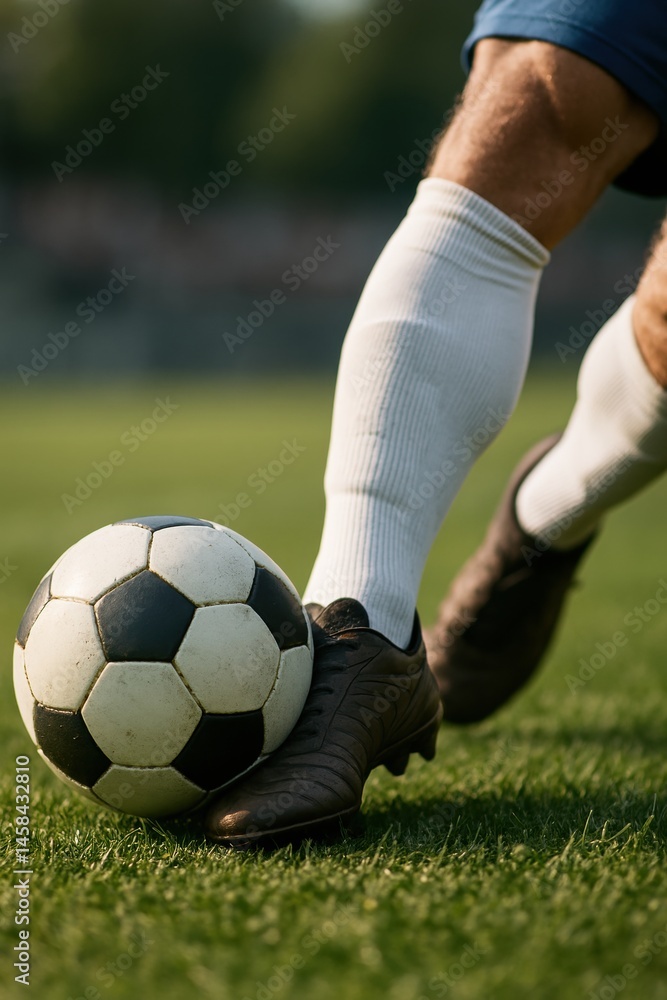Soccer player runs toward ball on green pitch preparing powerful kick during decisive moment of tournament game under bright daylight.