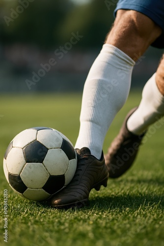 Obraz na płótnie Soccer player runs toward ball on green pitch preparing powerful kick during decisive moment of tournament game under bright daylight. w salonie