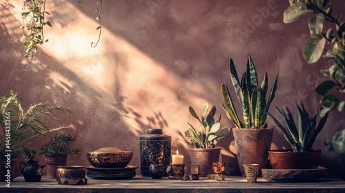 Rustic shelf with potted plants clay jars shadow wall boho home interior vintage natural