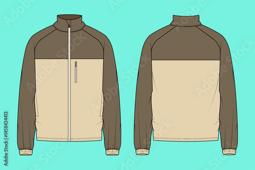 Raglan sleeve funnel neck outerwear Jacket fashion flat sketch vector illustration template outline CAD mockup front and back views.