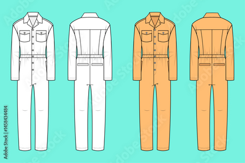 Long Sleeve button down Coveralls fashion flat sketch vector illustration template outline CAD mockup front and back views.