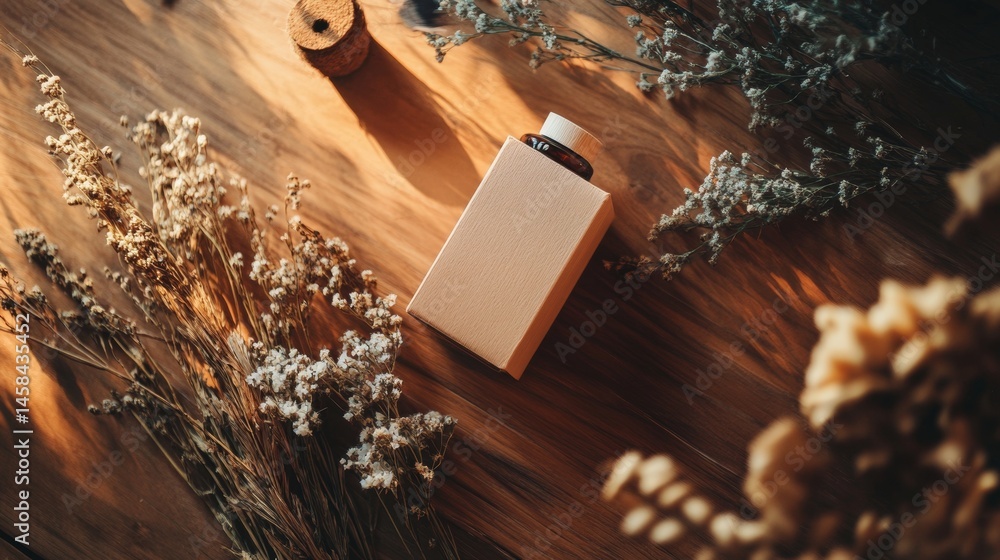 Obraz premium Cardboard box with dry flowers rustic background branding packaging concept eco organic handmade paper