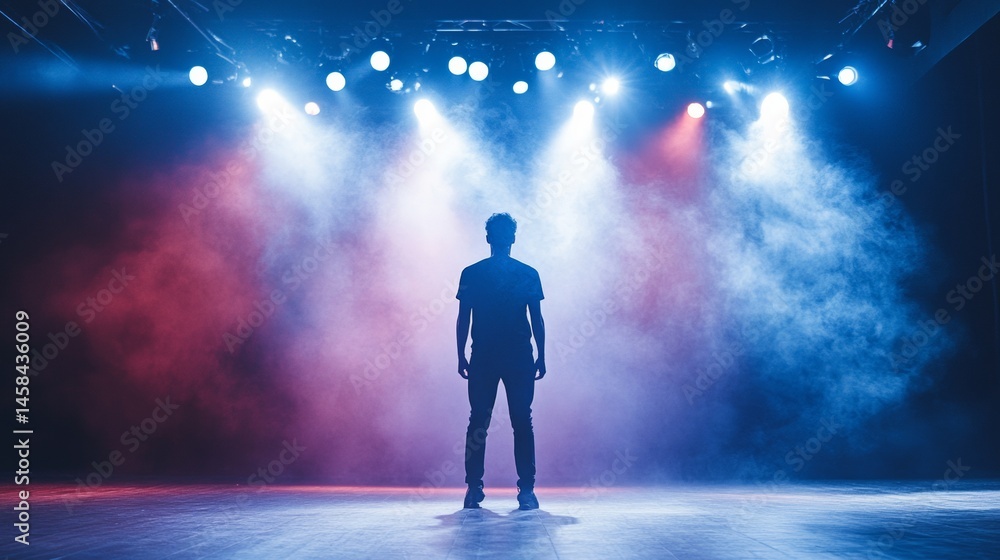 Fototapeta premium Man standing alone on stage under spotlight dramatic performance mood blue red lighting shadow