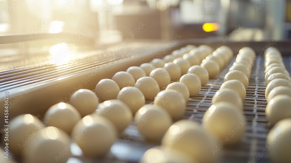 Fototapeta premium Creamy White Mozzarella Cheese Balls Production Line Factory Modern Dairy Industry Food Manufacturing Process Automated System 