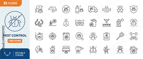 Pest control line editable icon set. Containing insect, extermination, bug, pesticide, insecticide, service, spray, rat and more. Vector illustration.