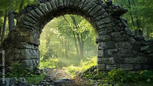 Sunlit Stone Archway in Lush Green Forest - Magical Path