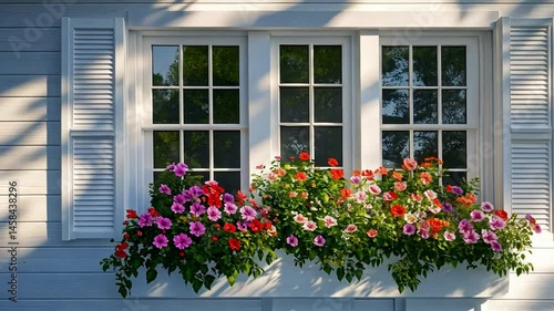 Sunlit Window Box with Vibrant Flowers on White House
