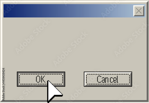 Minimalistic retro computer window interface with OK and Cancel buttons in pixel art style. A large arrow cursor clicking the OK button. Vintage 90s operating system UI elements.